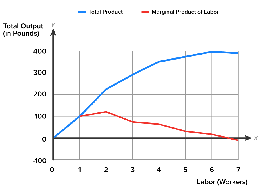 A graph with the x-axis labeled ‘Labor, Workers’ and the y-axis labeled ‘Total Output, in Pounds’. The y-axis ranges from −100 to 400 at intervals of 100, and the x-axis ranges from 0 to 7. The graph shows two lines, where one line (blue) slopes upward from (0, 0) and rises steadily, passing through (1, 100) up to (6, 400). From here, it falters downward a little before moving beyond y equals 400 and x equals 6. The second line (red) begins from (1, 100) and moves slightly upward at (2, 120) before extending downward up to (6, 20) and beyond x equals 7. The blue line represents ‘Total Product’, while the red line represents ‘Marginal Product of labor’.