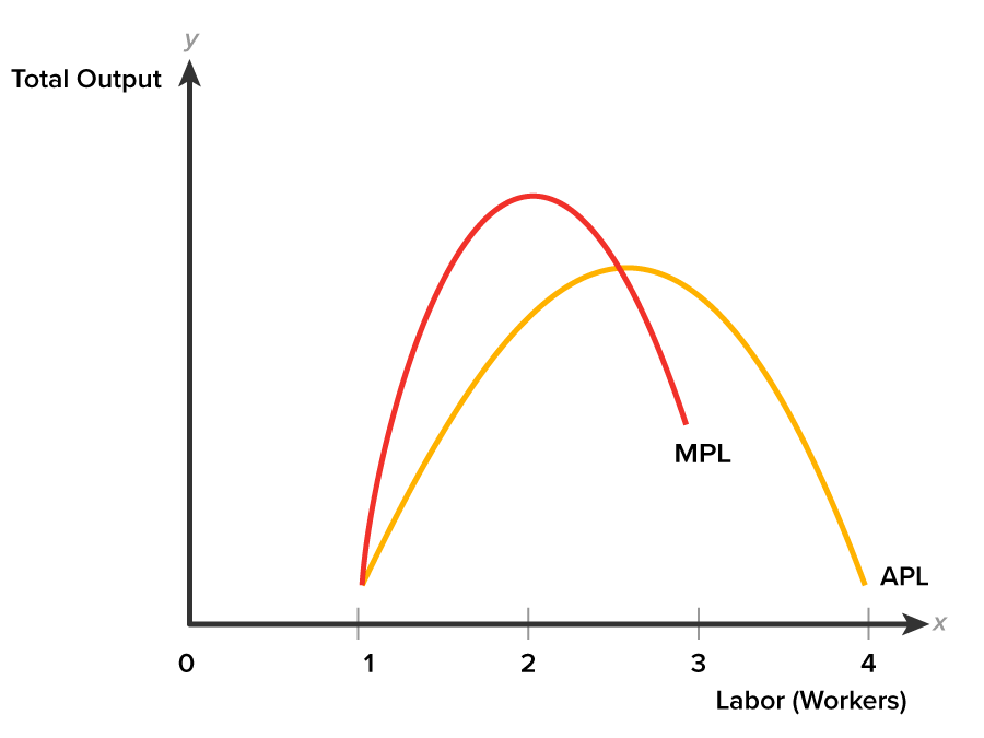 A graph with the x-axis labeled ‘Labor, Workers’, ranging from 1 to 4, and the y-axis labeled ‘Total Output’. Two curves are shown, where the curve labeled ‘MPL’ starts at a point near x equals 1, rises steeply, peaks around x equals 2, and then drops sharply. Another curve labeled ‘APL’ also starts at the same point as ‘MPL’, rises more gently, peaks near x equals 2.5, and then falls symmetrically. Both curves open downward, and the curve MPL intersects the curve APL near the point 2.5.