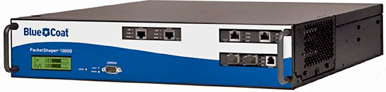 A Packet Shaper with the Blue Coat logo and multiple ports. The front panel features a small display screen that is used for status indication and information.