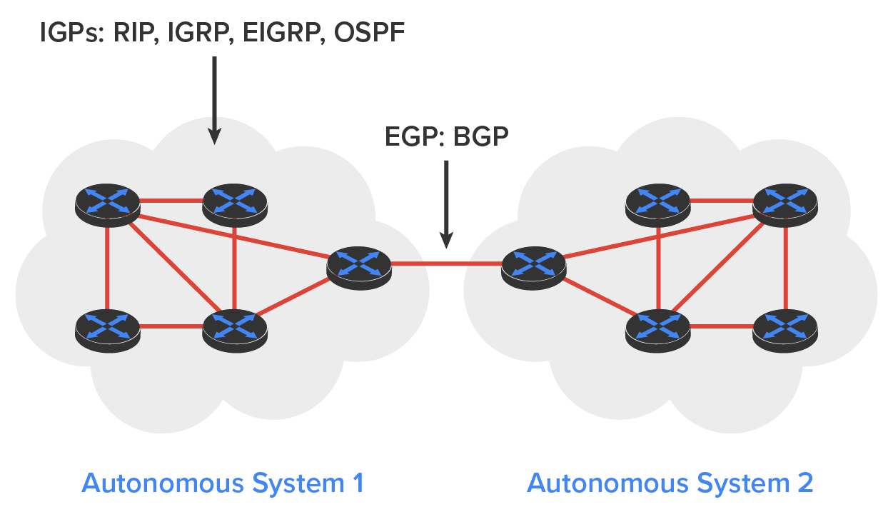 Two interconnected network groups labeled ‘Autonomous System 1’ on the left and ‘Autonomous System 2’ on the right. Each group has a cloud containing five routers interconnected with cables. An arrow points to Autonomous System 1, labeled ‘IGPs: R I P, I G R P, E I G R P, O S P F’. Between the two clouds are two central routers connected by a cable; an arrow labeled ‘E G P: BGP’ points to this cable.