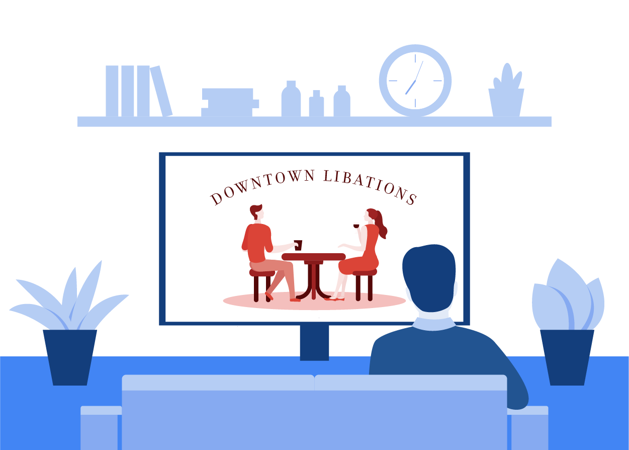 A person watching TV showing people having beer and having fun