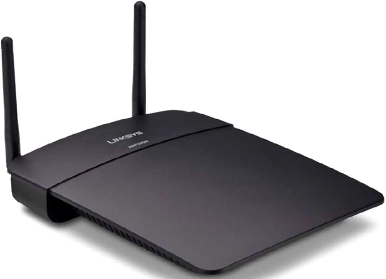 A Linksys wireless router with two vertical antennas positioned at the back. The device has a smooth, curved design with the Linksys logo printed at the top. It rests on a flat surface against a plain background.