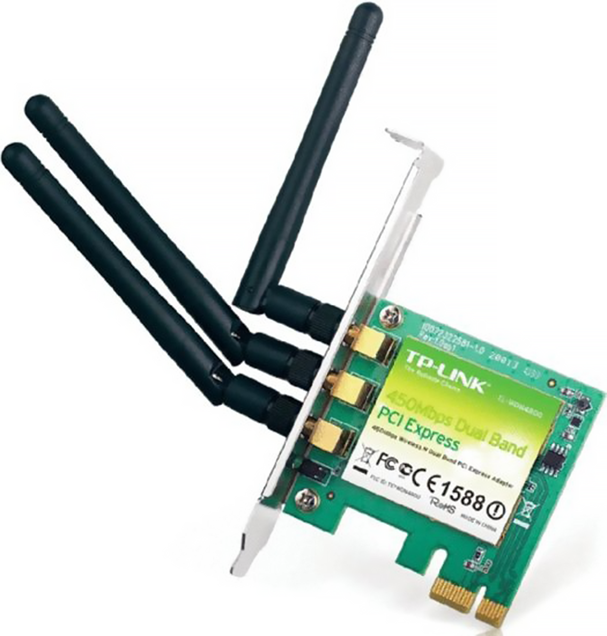 A wireless network interface card with three upright antennas attached to a circuit board. The antenna to the far right is turned upright. The card is labeled ‘TP-Link 450Mbps Dual Band P C I Express’ and is designed to be installed inside a desktop computer. The connector at the bottom fits into a P C I Express slot, and the bracket on the side to the left helps secure it to the computer case.