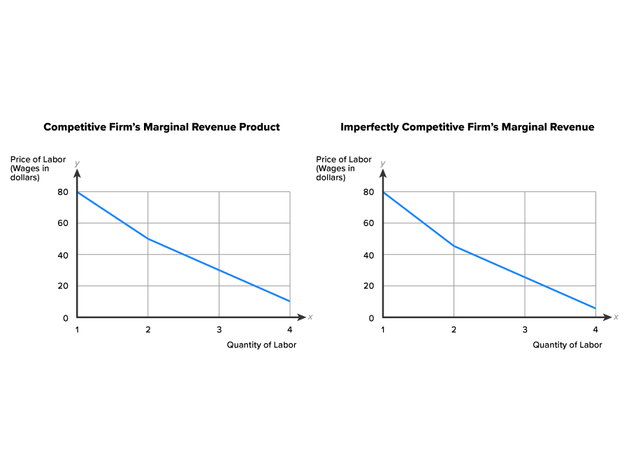 Firms’ Demand for Labor Curves Two graphs are placed side by side, with their x-axes labeled ‘Quantity of Labor’, ranging from 1 to 4, and their y-axes labeled ‘Price of Labor, Wages in dollars’, ranging from 0 to 80 at intervals of 20. In the first graph, labeled ‘Competitive Firm’s Marginal Revenue Product’, a downward-sloping line extends from the point (1, 80) to (2, 50) and then bends a little outward before continuing to (4, 10). In the second graph, labeled ‘Imperfectly Competitive Firm’s Marginal Revenue’, a downward-sloping line extends from the point (1, 80) to (2, 45) and then bends a little outward before reaching (4, 7).