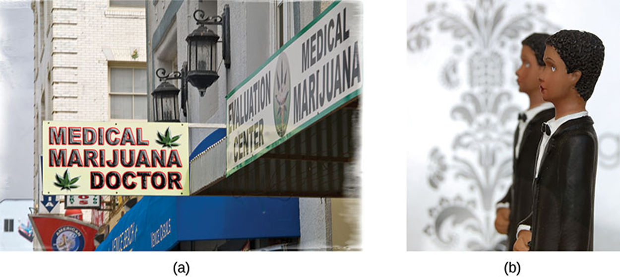 A photo of a medical marijuana clinic and a photo of two grooms.