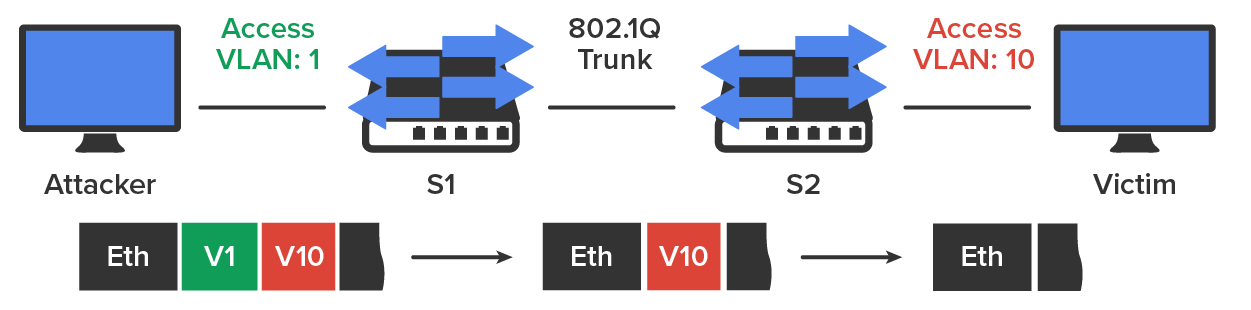 A computer labeled ‘Attacker’ is connected to Switch S1 via Access V LAN: 1. This attacker’s port is set to ‘Access V LAN: 1’, indicated in green on the link between the attacker and the Switch labeled ‘S1’. Switch S1 connects to another Switch labeled ‘S2’ using a link labeled ‘802.1Q Trunk’ between S1 and S2. Switch S2 has a port configured for the link labeled ‘Access V LAN :10’ (indicated in red) between Server S2 and a computer labeled ‘Victim’. At the bottom, there are three rectangles connected by arrows. The rectangles are divided into blocks. The first rectangle on the left is divided into four blocks, with the fourth block having an uneven side. The blocks have ‘Eth’, ‘V1’, and ‘V10’ written on the first three blocks. The second rectangle is divided into three blocks, with the third block having an uneven side. The blocks have ‘Eth’ and ‘V10’ written on the first two blocks. The third rectangle is divided into two blocks’ with the second block having an uneven side. The first block has ‘Eth’ written on it.