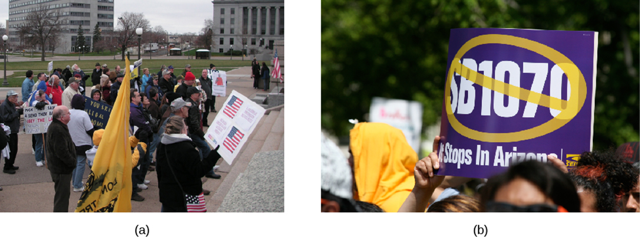 Two photos of protesters holding signs.