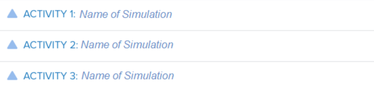 Image of the course Dashboard with Activity links displayed. Each link is preceded by a small triangle graphic.