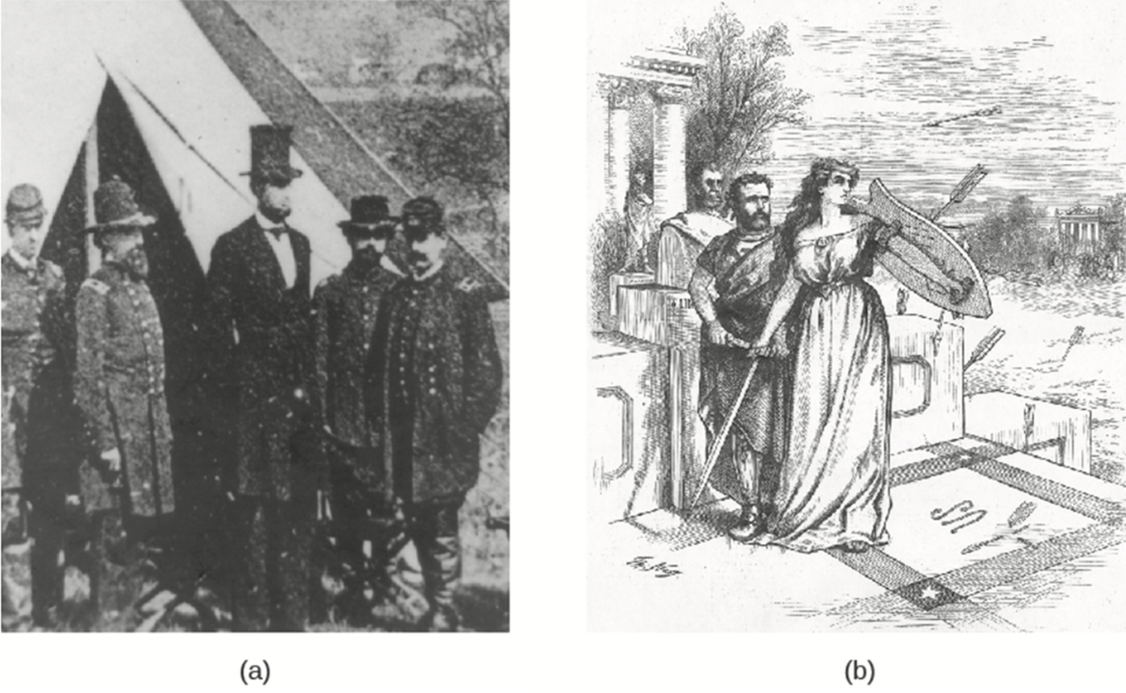 A photo of President Lincoln standing in front of a tent and a cartoon of President Grant  standing next to Lady Liberty.
