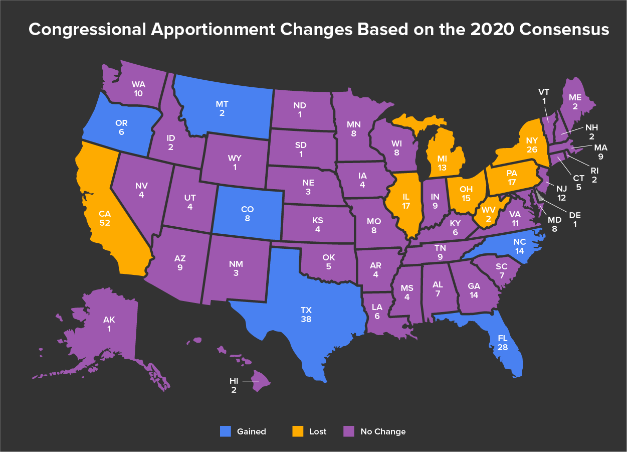 A map showing the number of seats apportioned to each state.