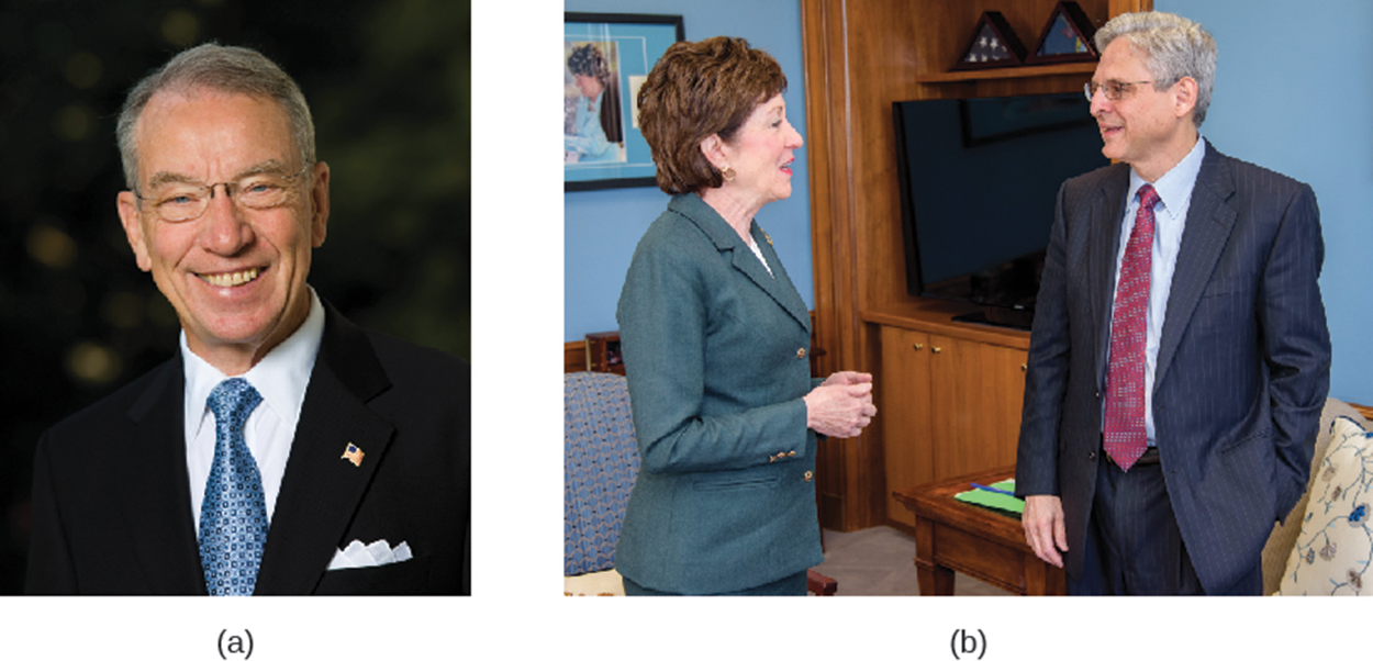 A photo of Chuck Grassey and a photo of Susan Collins meeting with Merrick Garland.