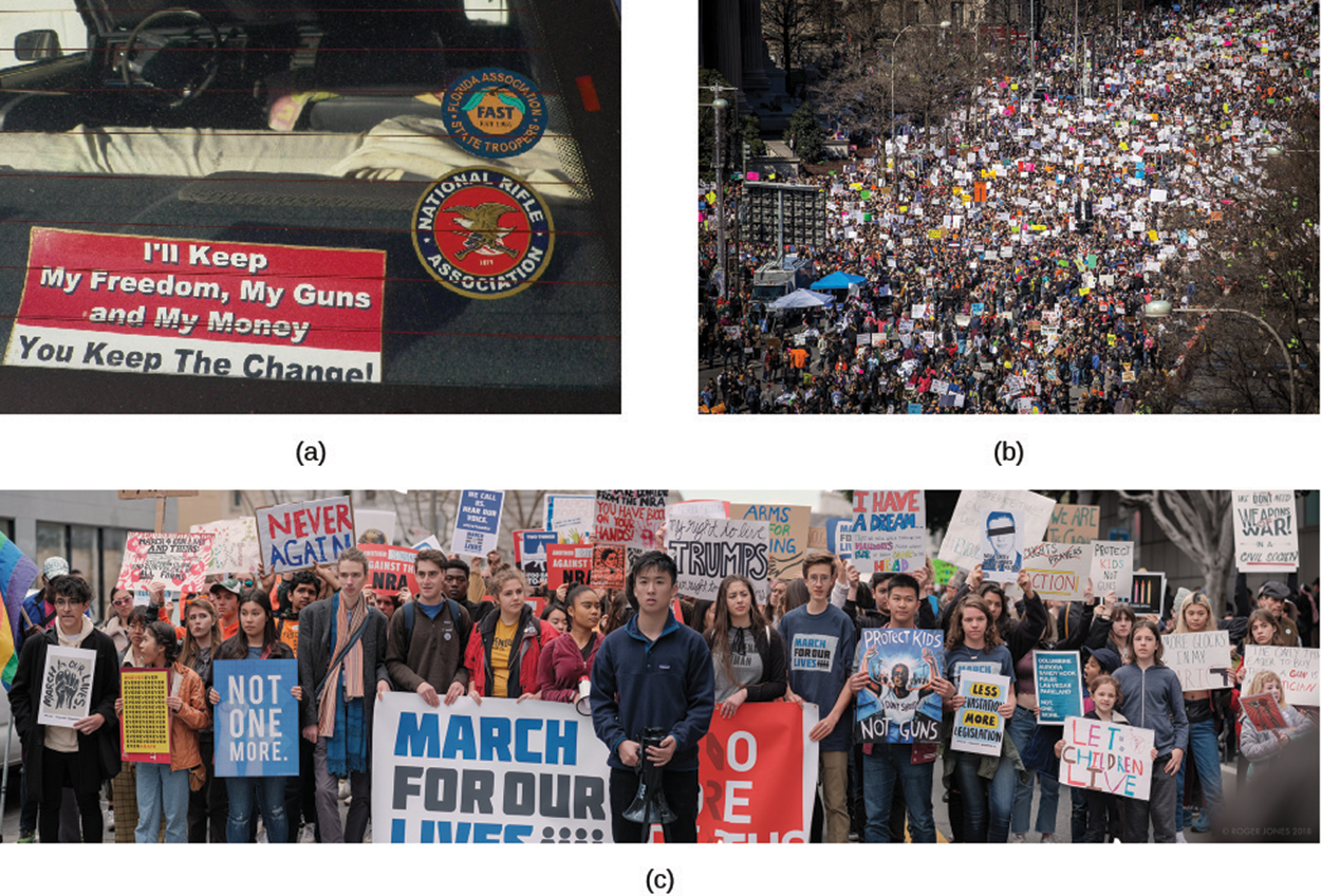 A bumper sticker and two photos of protests.