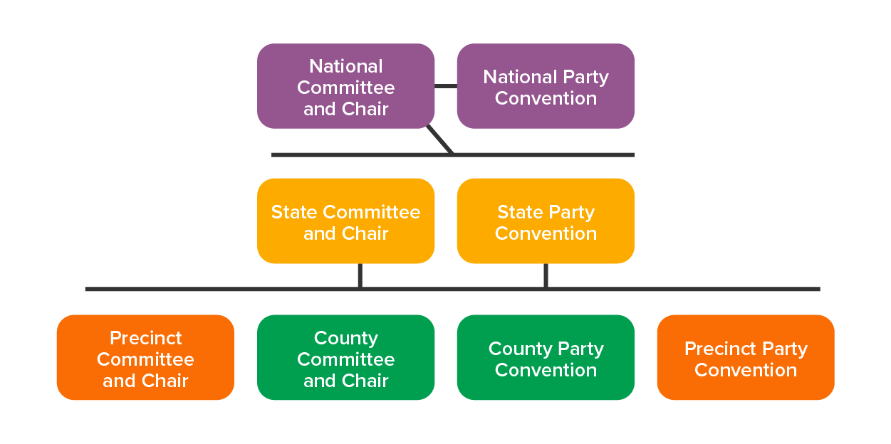 (Figure 3) Political parties are bottom-up structures, with lower levels often responsible for selecting delegates to higher-level offices or conventions. An organizational chart showing party organizations structure.