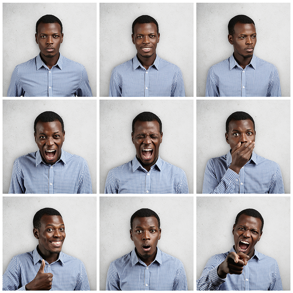 Images of a man are shown with different facial expressions: happy, sad, confused, angry.