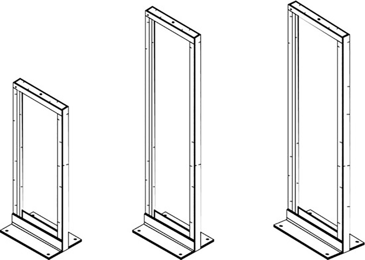 Three racks of increasing height are arranged in a row from left to right. The racks are rectangular and have a flat base with four holes, one at each corner. The racks consist of two vertical sides joined by a horizontal top piece, which also features attachment holes. The rack on the left is the shortest, the middle one is taller, and the rack on the right is the tallest.