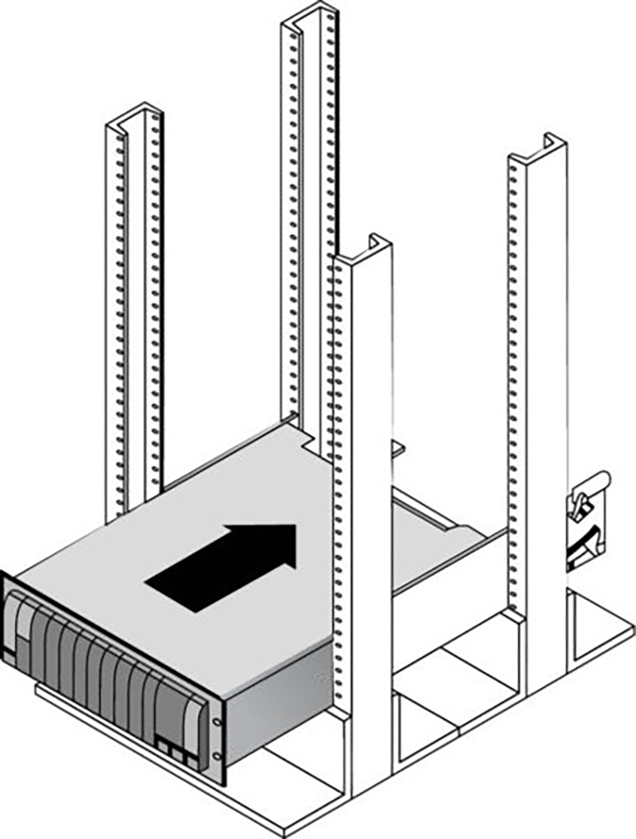 A rack consists of a flat base with four horizontal bars attached to it. Four vertical legs are positioned between these horizontal bars, with two legs on each side. These vertical legs feature multiple holes running from top to bottom. An electronic device with a rectangular shape and flat top and bottom surfaces is placed above the horizontal bars and nestled between the vertical legs by screws or clips. An arrow on the device’s top surface points to the right. The device’s front side has a series of vertical lines.