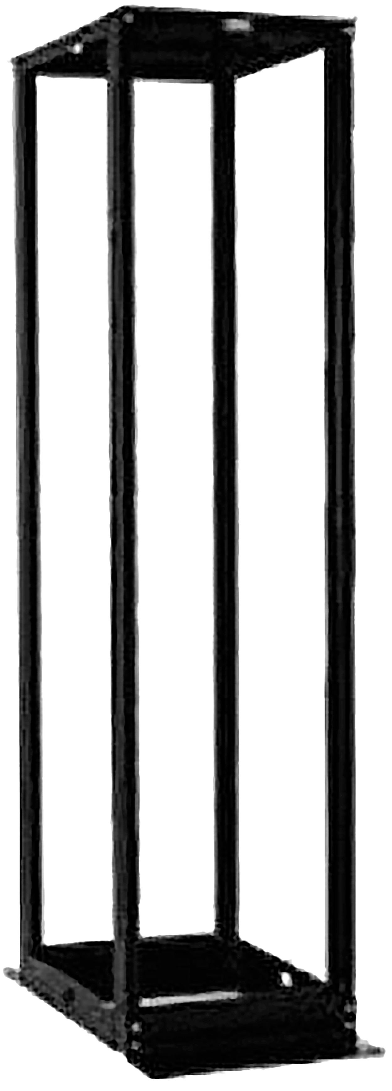 A rectangular rack with four vertical legs connected to a flat base at the bottom and a flat top above. Both the base and top are secured with four horizontal bars, one on each side. There are small holes at the top and bottom of each leg and on the horizontal bars.