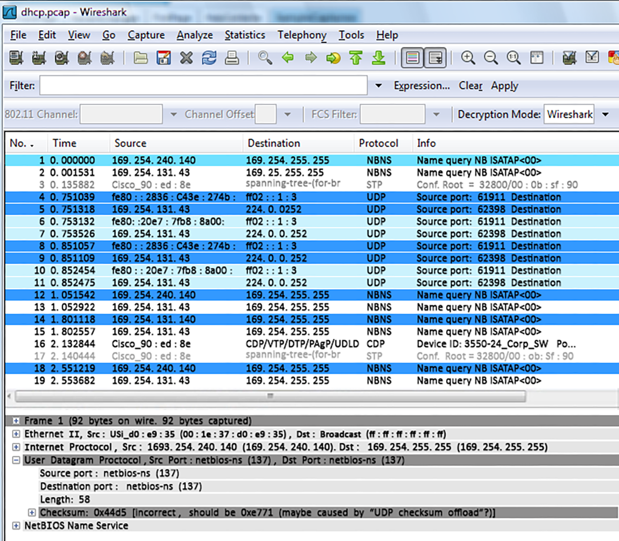 A screenshot of a Wireshark window labeled ‘dhcp.pca p- Wireshark’. There are six columns titled No., Time, Source, Destination, Protocol, and Info. The packets are listed in chronological order, with the earliest packet at the top. Each packet is listed with its source and destination I P addresses, protocol, and additional information. At the bottom of the window, there is a detailed view of the selected packet, which includes information about the Ethernet frame, I P header, User Datagram Protocol (U D P) header, and NetBIOS name service. The dark highlighted rows are 4, 5, 8, 9, 12, 14, and 18. The light highlighted rows are 1, 6, 7, 10, and 11.