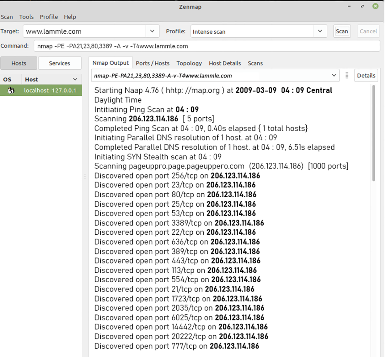 A screenshot of the Zenmap interface, which is a graphical user interface (G U I) for the Nmap network scanning tool. The main window displays the results of a scan on the target ‘www.lammle.com’ using the command ‘nmap-PE-PA21,23,80,3389-A-v-T4www.lammle.com’. The top section of the window includes various tabs such as ‘O S’, ‘Host’, ‘Services’, ‘Nmap Output’, ‘Ports/Hosts’, ‘Topology’, ‘Host Details’, and ‘Scans’. The ‘Nmap Output’ tab is currently selected, displaying the following detailed output of the scan: the start time of the scan, the I P address being scanned (206.123.114.186), and the number of ports scanned, five. It also lists the open ports discovered during the scan, including their corresponding protocols, for example, tcp, and I P addresses.