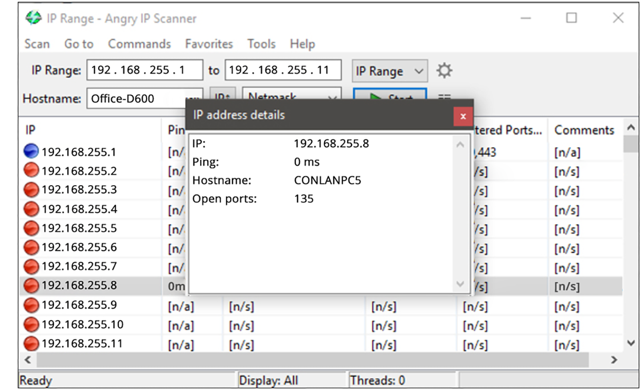 A screenshot of the Angry I P Scanner interface, which is a network scanning tool. The main window is labeled ‘I P Range - Angry I P Scanner’ and provides the results with the I P range from 192.168.255.1 to 192.168.255.11 and Hostname Office-D600. The following information is presented:  1) I P address details: 2) I P: 192.168.255.8, 3) Ping: 0 ms, 4) Hostname: CONLANPC5, 5) Open ports: 135