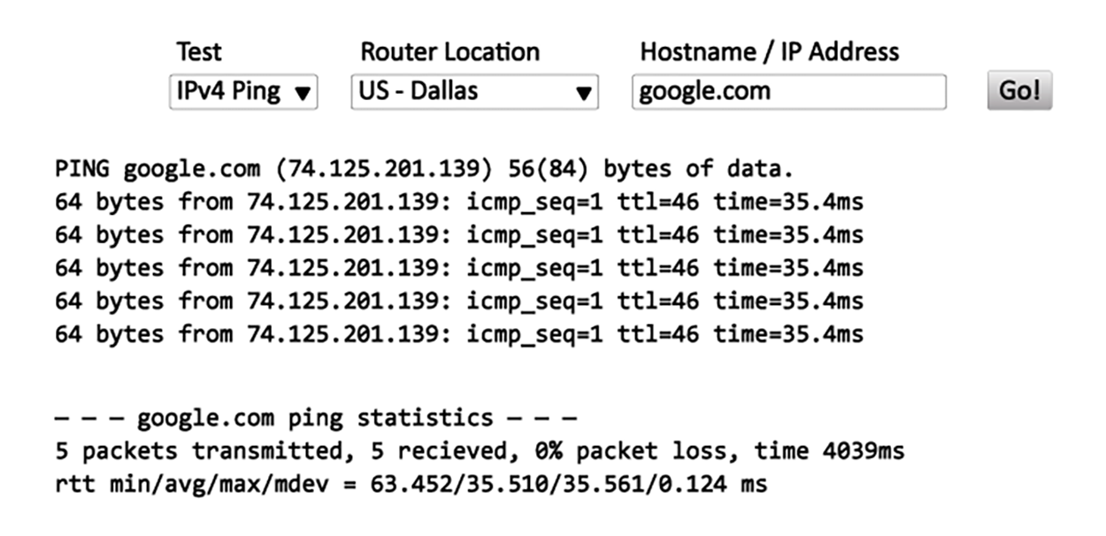 A looking glass server displays the result of an I P v 4 ping test to google.com from a router located in US—Dallas. There are three options at the top with their respective drop-down choices: Test: I P v 4 ping; Router Location: US—Dallas; and Hostname/I P Address. The output of this search is ‘PING google.com (74.125.201.139) 56(84) bytes of data and five identical ping replies from I P address 74.125.201.139’, with each response mentioning ‘64 bytes from 74.125.201.139: icmp_seq=1 ttl=46 time=35.4ms’. Below the ping response, the statistics section is labeled ‘google.com ping statistics’ and mentions ‘5 packets transmitted, 5 received, 0% packet loss, time 4039ms rtt min/avg/max/mdev = 63.452/35.510/35.561/0.124 ms’.