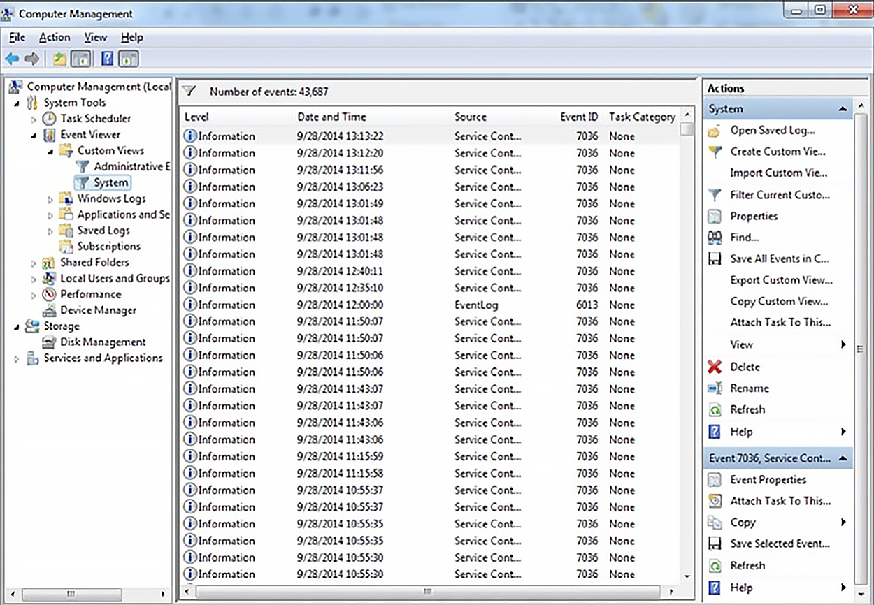 A screenshot of the Windows Computer Management console displaying the ‘Event Viewer system log’. The center pane is labeled ‘Number of events: 43,687’ and lists system log entries with the columns Level, Date and Time, Source, Event I D, and Task Category. The 27 entries in the following columns are as follows: 1) Level: Information, 2) Date and Time: 9/28/2014 and varying times ranging from 13:13:22 to 10:55:30 for all the 27 entries, 3) Source: Service Control Manager, 4) Event I D: 7036, 5) Task Category: None. All entries are scheduled for September 28, 2014. In the Actions pane on the right, ‘Event 7036, Service Control Manager’ is highlighted. In the navigation pane on the left, ‘System’ is highlighted.