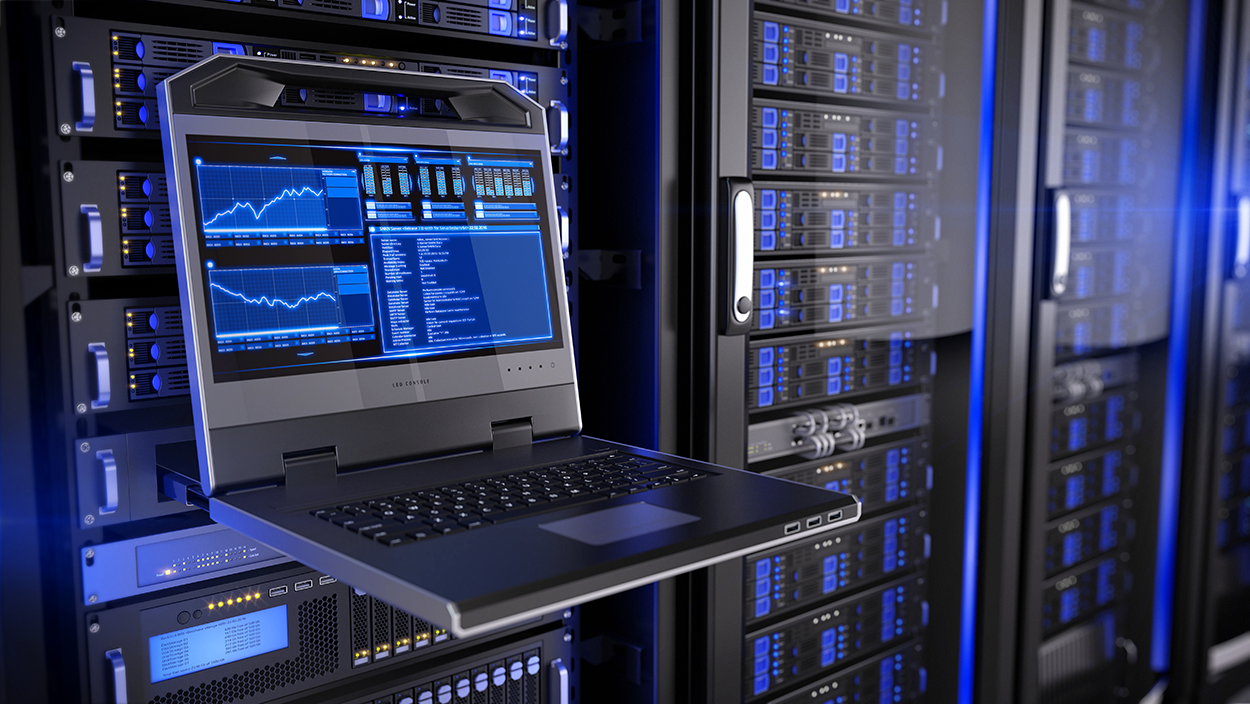 A server rack with a pull-out KVM console with a built-in monitor and keyboard.