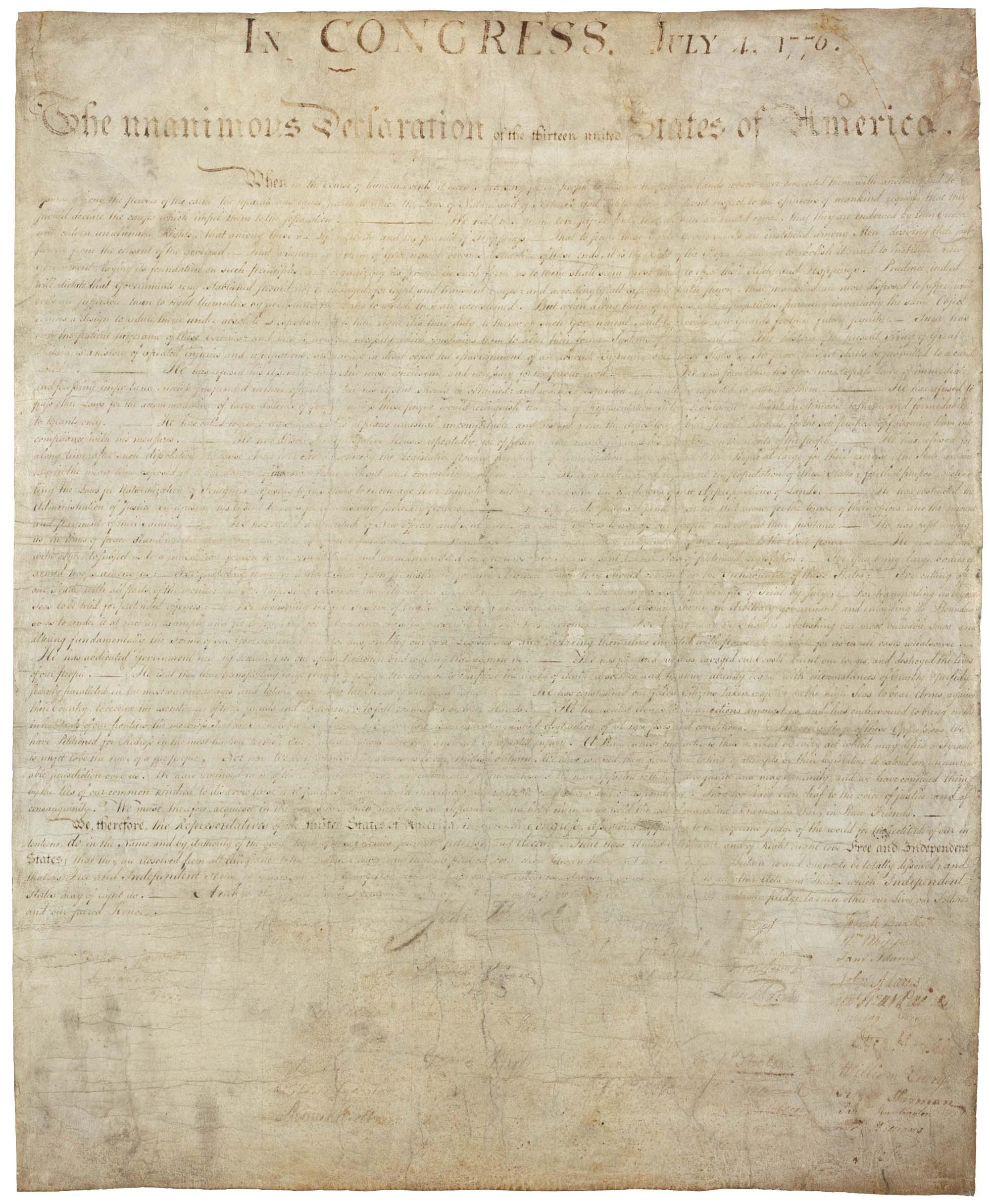 The United States Declaration of Independence, as it appears on display at the National Archives