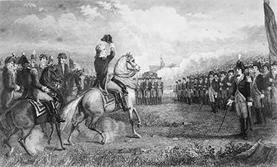 This 1775 etching shows George Washington taking command of the Continental Army at Cambridge, Massachusetts, after his appointment by the Continental Congress.