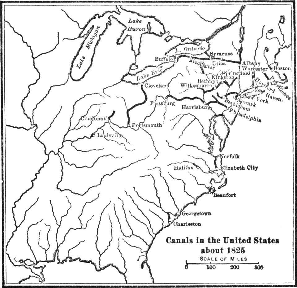 Map of major canals in the United States by 1825. Note that most canals were located in the Northeast or Midwest.
