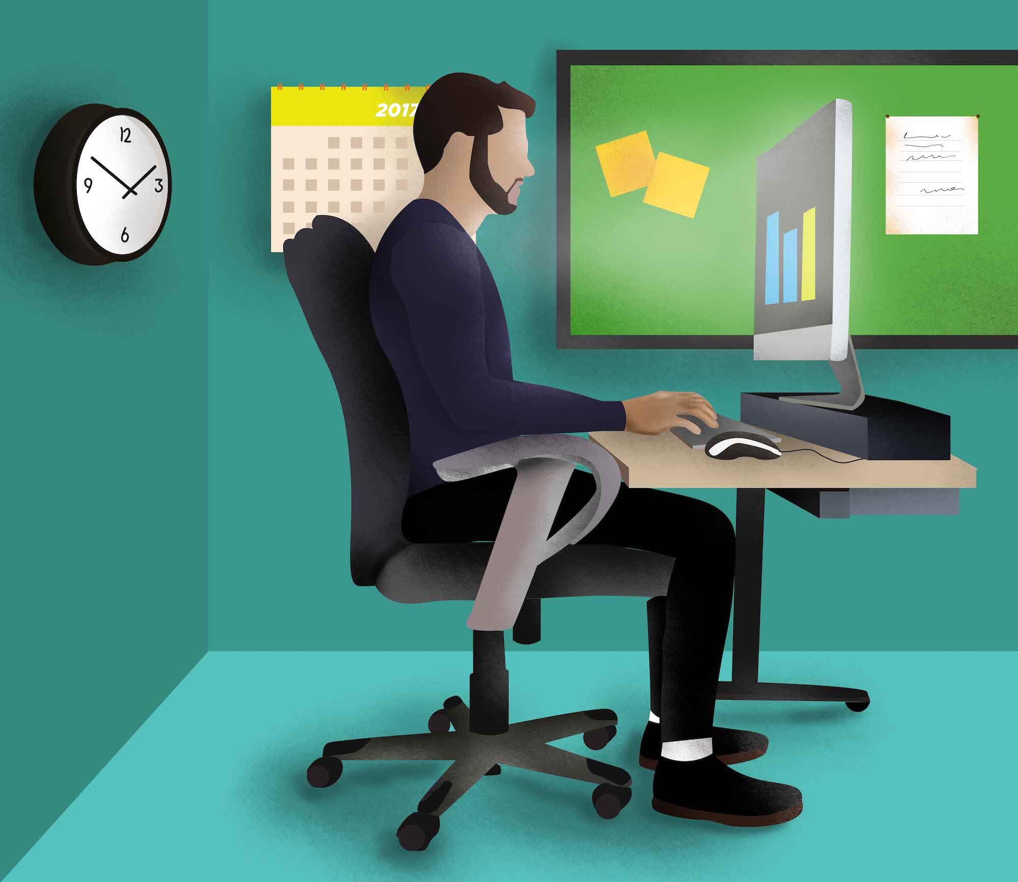 a man comfortably sitting upright at a desk using a desktop computer with his hands placed on the keyboard