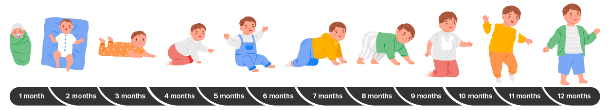 Image of the stages of motor development in infancy spanning from 1 month of age to 12 months. The infant starts with laying on their back then gradually moves up to standing eventually walking.