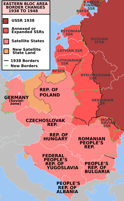 A map of the Soviet Union and the Eastern European nations—known as the Eastern Bloc—that fell under its influence during the Cold War.