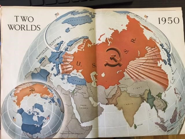 The U.S. containment policy was based on the assumption that the postwar world was divided between two spheres of influence: one capitalist, the other communist. This assumption was reflected in maps like the one above, which were printed in a number of periodicals and magazines during 1950.