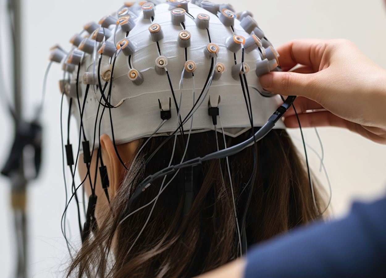 A cap holds electrodes in place while recording an EEG.