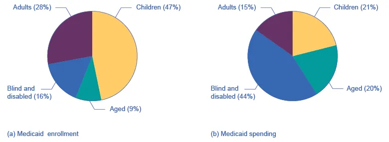 Children make up nearly 50% of Medicaid enrollment but are responsible for only 21% of spending. In contrast, the aged and people with disabilities make up 25% of enrollees, but account for 64% of spending.