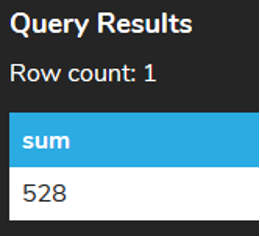 A query results table with a single row of value 528 and a column named ‘sum’.