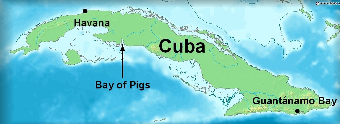 A map of Cuba identifying the Bay of Pigs.