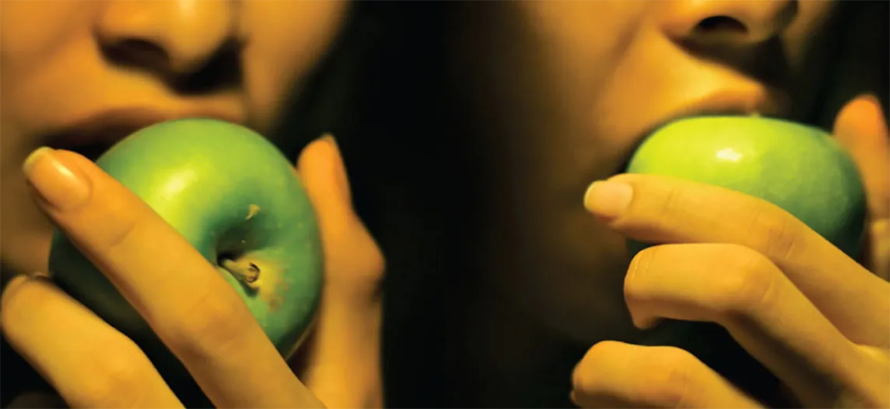 This photograph shows two women eating apples.