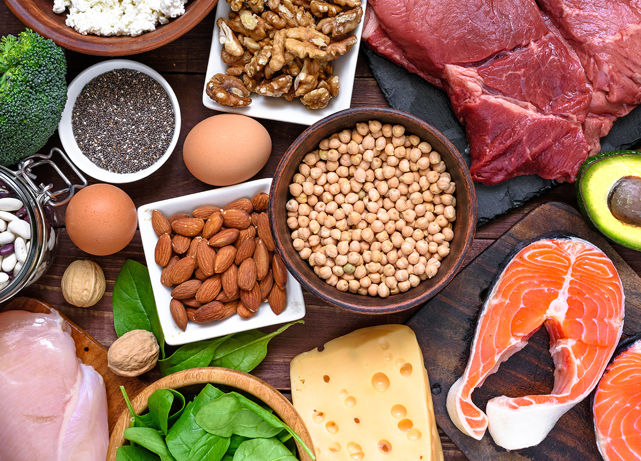 High protein foods shown including fish, meat, poultry, nuts, eggs and vegetables.