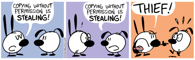 All jokes aside, plagiarism is stealing, plain and simple. A comic strip depicts two dogs speaking to each other. In the first frame, one dog says to the other, 'Copying without permission is stealing!' In the second frame, the other dog replies, 'Copying without permission is stealing!' In the third frame, the first dog says, 'Thief!'