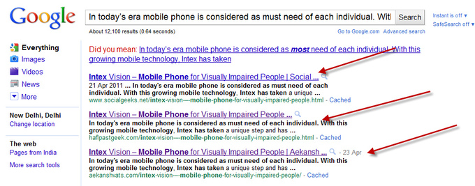 As tempting as it might be to plagiarize with the vastness of available sources on the internet—don't do it. This screenshot shows how common plagiarizing is. A screenshot of a Google search depicts a search for the phrase 'in today's era mobile phone is considered as must need of each individual...' The first three results of the search all include the same phrase.