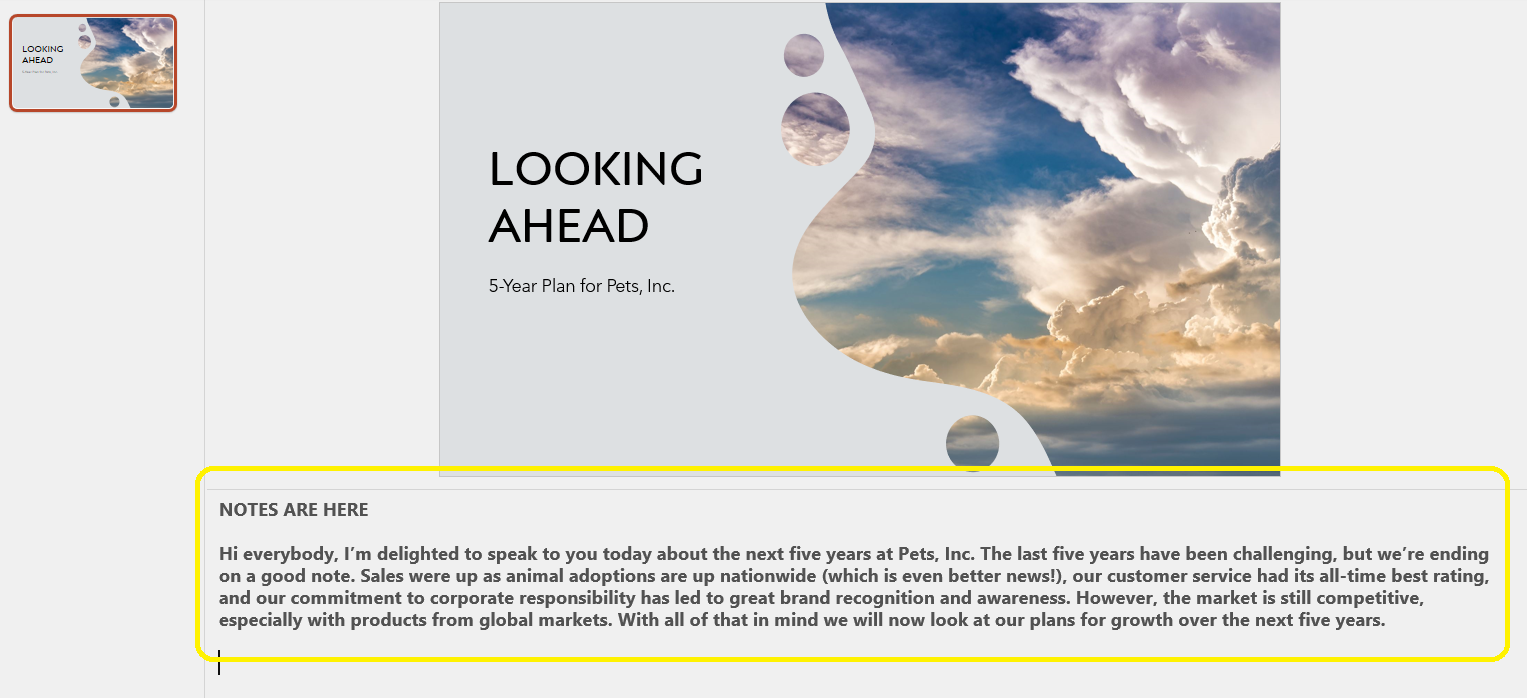 screenshot highlighting location of notes pane in PowerPoint below slide