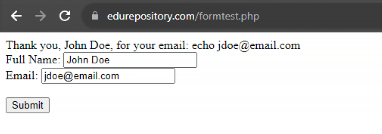 Testing the results on the page shows no data being added to the URL.