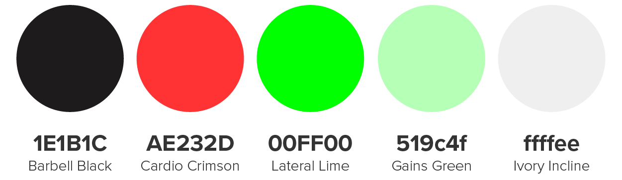 ABC Fitness Studio Color Palette 1: Barbell Black, 1E1B1C; Cardio Crimson, AE232D; Lateral Lime, 00FF00; Gains Green, 519c4f; and Ivory Incline, ffffee