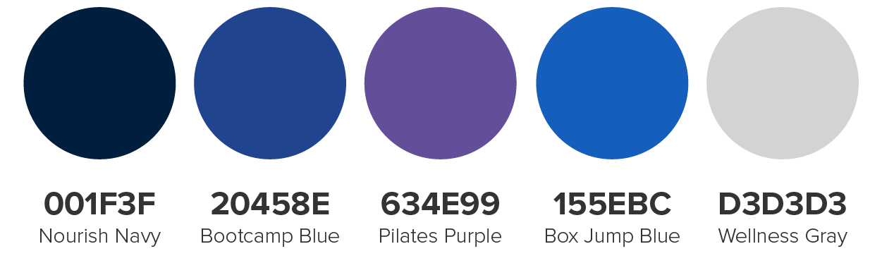ABC Fitness Studio Color Palette 2: Nourish Navy, 001F3F; Bootcamp Blue, 20458E; Pilates Purple, 634E99; Box Jump Blue, 155EBC; and Wellness Gray, D3D3D3