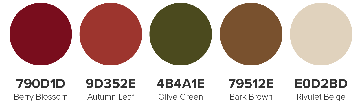 Bloom Vallery Nursery: A color palette consisting of five color options: Berry Blossom, 790D1D; Autumn Leaf, 9D352E; Olive Green, 4B4A1E; Bark Brown, 79512E; and Rivulet Beige, E0D2BD