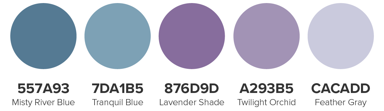 Bloom Vallery Nursery: A color palette consisting of five color options: Misty River Blue, 557A93; Tranquil Blue, 7DA1B5; Lavender Shade, 876D9D; Twilight Orchid, A293B5; and Feather Gray, CACADD.