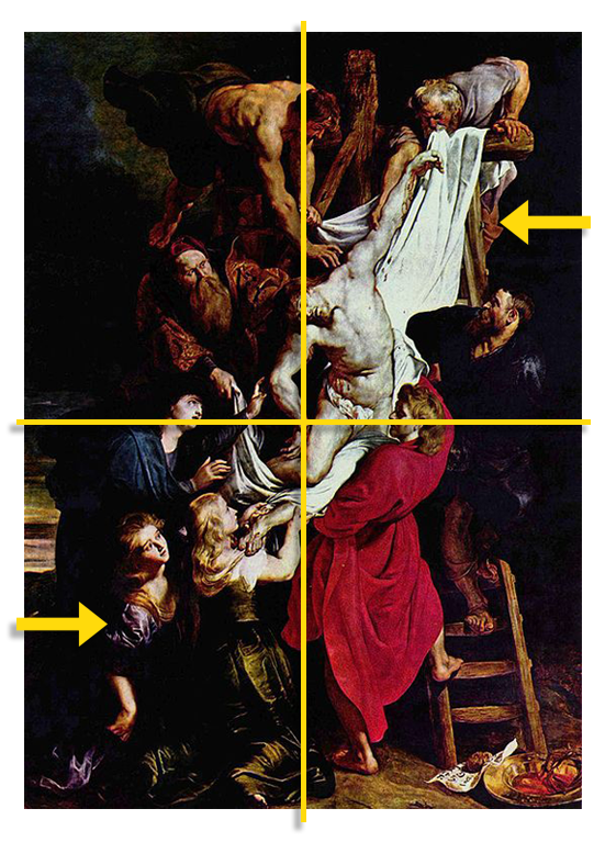 people pulling a man off of a crucifix, there are people at the top of the cross holding his arms and people along his body to his feet