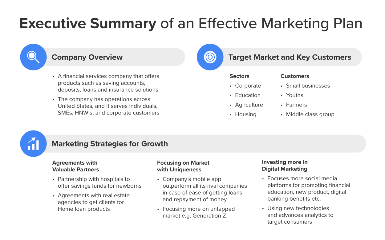 Image of an executive summary of an effective marketing plan. It contains a company overview, target market and key customers and marketing strategies for growth.